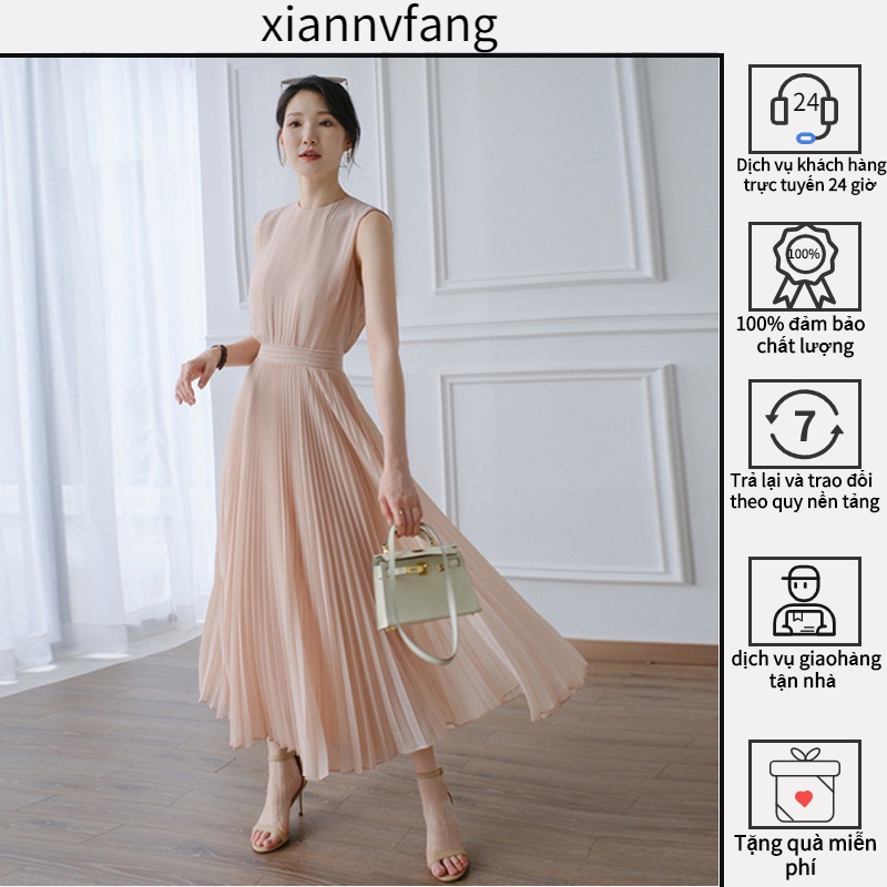 Đầm Voan Dài Xếp Ly Ôm Dáng Cổ Tròn Không Tay Màu Hồng Phong Cách Cổ Điển Thời Trang Mùa Hè Hàng Mới 2022 Dành Cho
