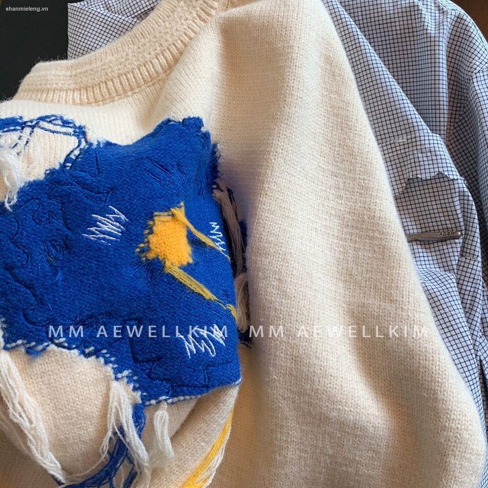 Áo sweater dáng rộng in họa tiết hoa graffiti màu xanh dương thời trang thu đông Hàn Quốc cho nữ