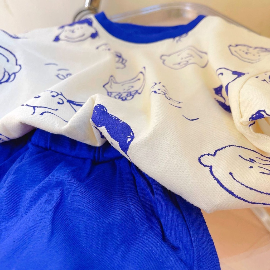 Set Áo Thun Cotton + Quần Lửng In Họa Tiết Hoạt Hình Phong Cách Hàn Quốc Thời Trang Mùa Hè Cho Bé