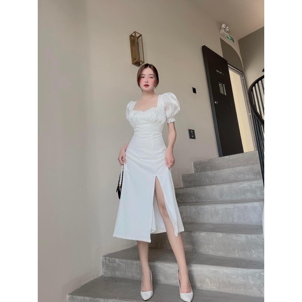 Đầm midi trắng xẻ tà tôn dáng