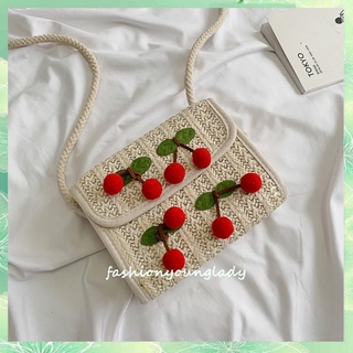 Túi cói đeo chéo đính quả cherry xinh xắn cho nữ