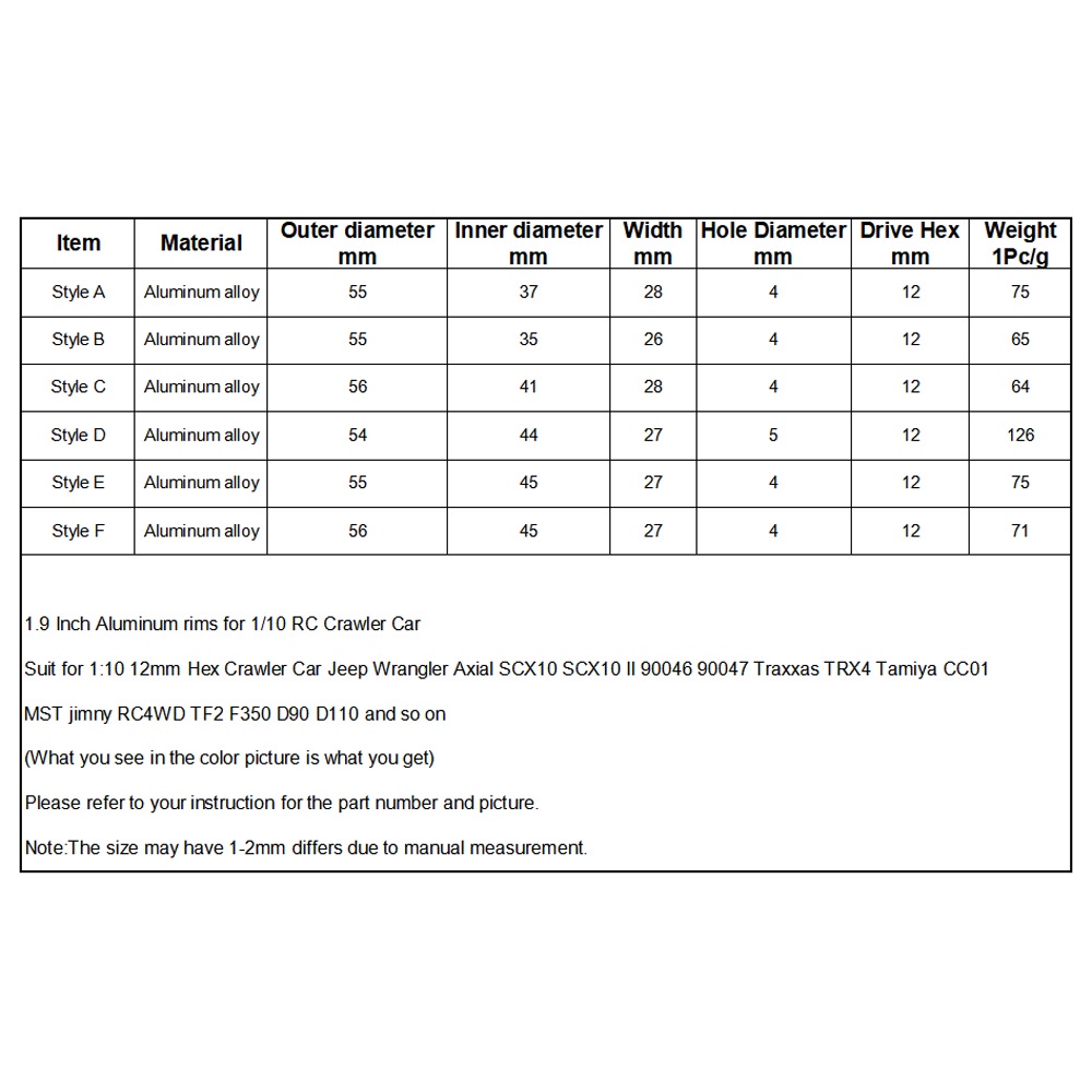 1Pcs Bánh xe hạt nhôm 1,9 inch Hub RC Vành cho 1/10 RC Car Crawler Axial 90046 Traxxas TRX-4 AXI03007 Bronco D110 F350