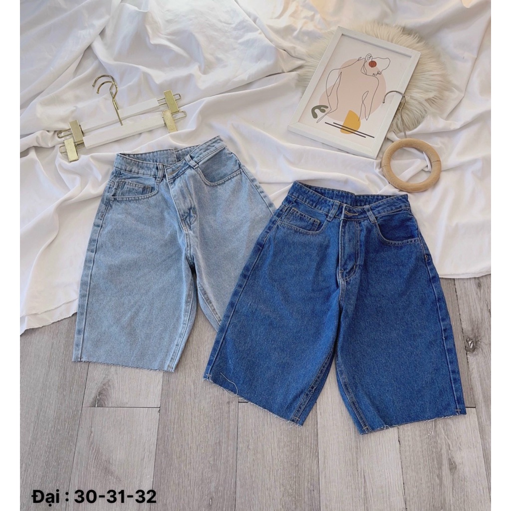 Quần short jean Ngố Cotton Rách Sole Đùi, Lưng Cao, Không Giãn, Tua Lai QJ012