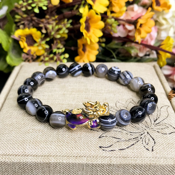 Vòng Tay Phong Thủy Mệnh Thủy- Vòng Tay Nam Nữ Mã Não Vân mây Mix long quy Vàng Đổi Màu 8mm V375-8