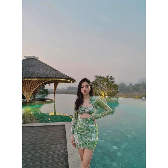 [ CHẤT CAO CẤP] Bikini liền thân tay dày, hoạ tiết loang xanh có quần chíp