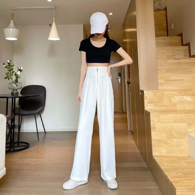 Quần ống rộng Culottes cạp cao gen bụng khóa trước - quần ống suông nữ lưng cao tuyết mưa- T2K Max