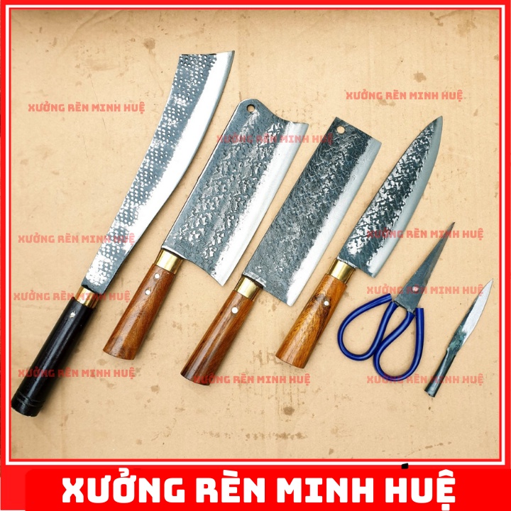 Dao bếp, bộ 4 dao nhà bếp cao cấp là từ Thép Nhíp hàng rèn thủ công - Phúc sen