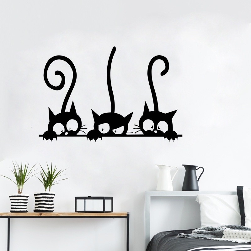 Sticker Dán Tường PVC Chống Thấm Nước Hình Ba Chú Mèo Đen Đáng Yêu Kích Thước 20X30CM