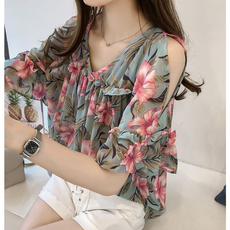 Áo Chiffon Tay Ngắn Cổ Chữ V Trễ Vai Dáng Rộng Thời Trang Mùa Hè Cho Nữ