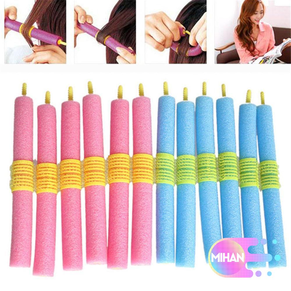 [Hàng mới về] Set 12 lô cuốn tóc bằng xốp uốn cong được màu xanh dương/hồng tạo kiểu tóc thời trang DIY dành cho nữ