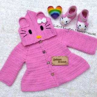 Set áo khoác và giày len handmade mèo kitty