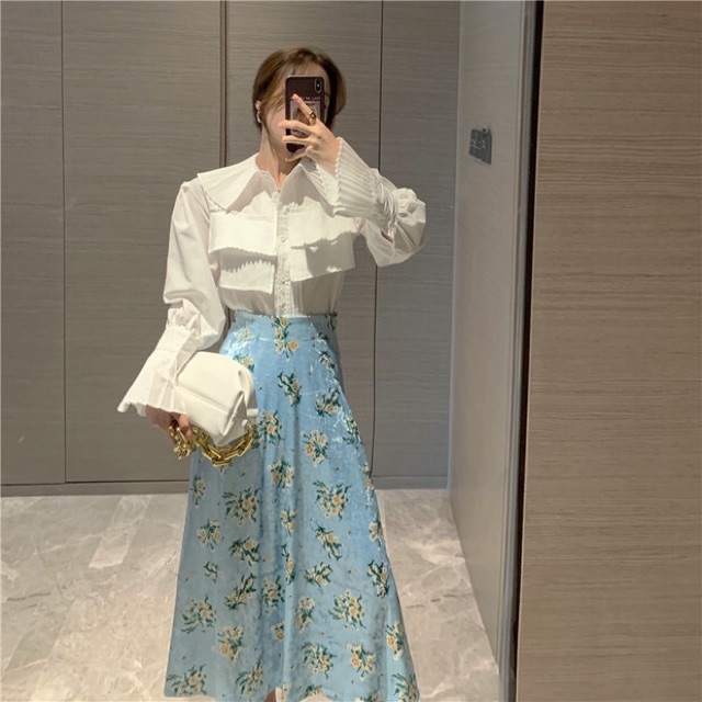 [Mã WAMT1505 giảm 10K đơn 0K] Set Áo Sơmi Cổ Quạt Kèm Váy Hoa Thanh Lịch Công Sở | BigBuy360 - bigbuy360.vn