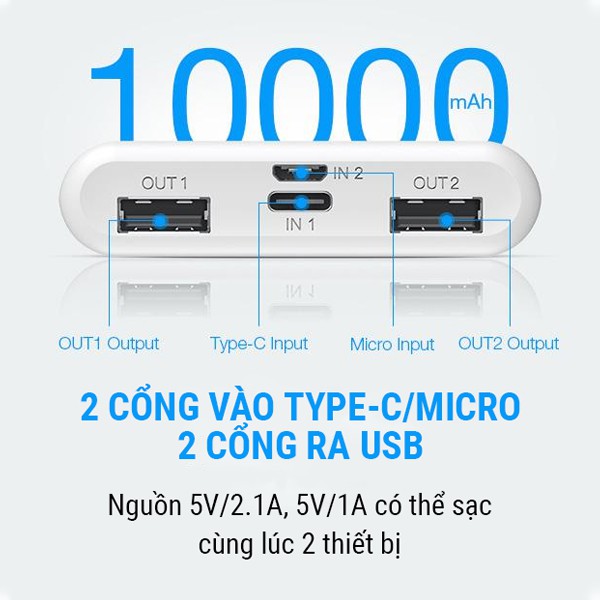 Pin Sạc Dự Phòng ROBOT 10.000mAh - 2 Output &amp; 2 Input - BẢO HÀNH 1 ĐỔI 1 - RT170