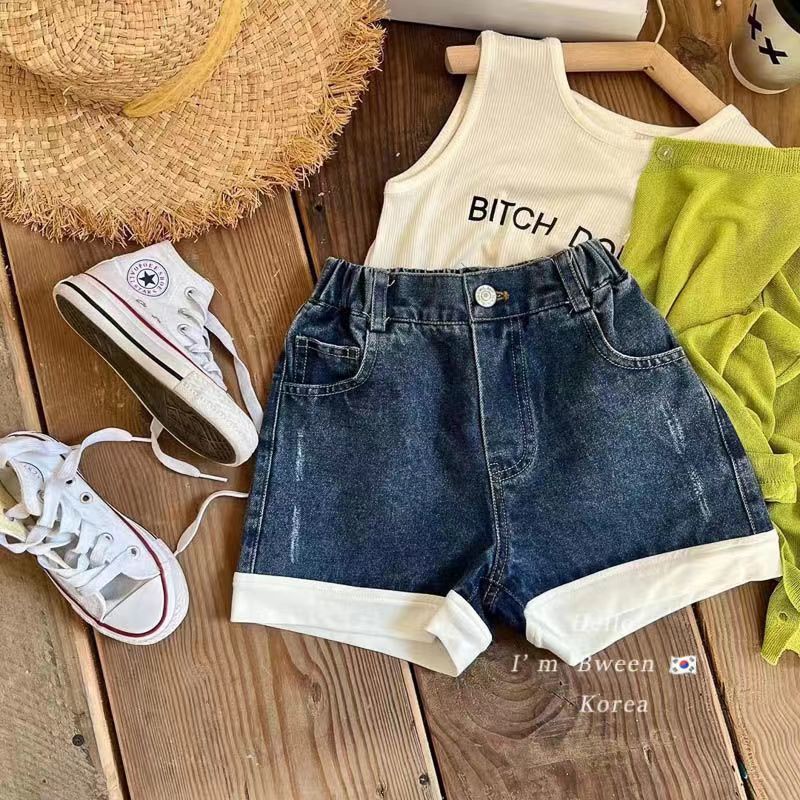 Bộ Trang Phục Hai Mảnh Áo Thun Tay Ngắn Và Quần Short Denim Phong Cách Hàn Quốc Thời Trang Mùa Hè Dành Cho Bé Gái 50%