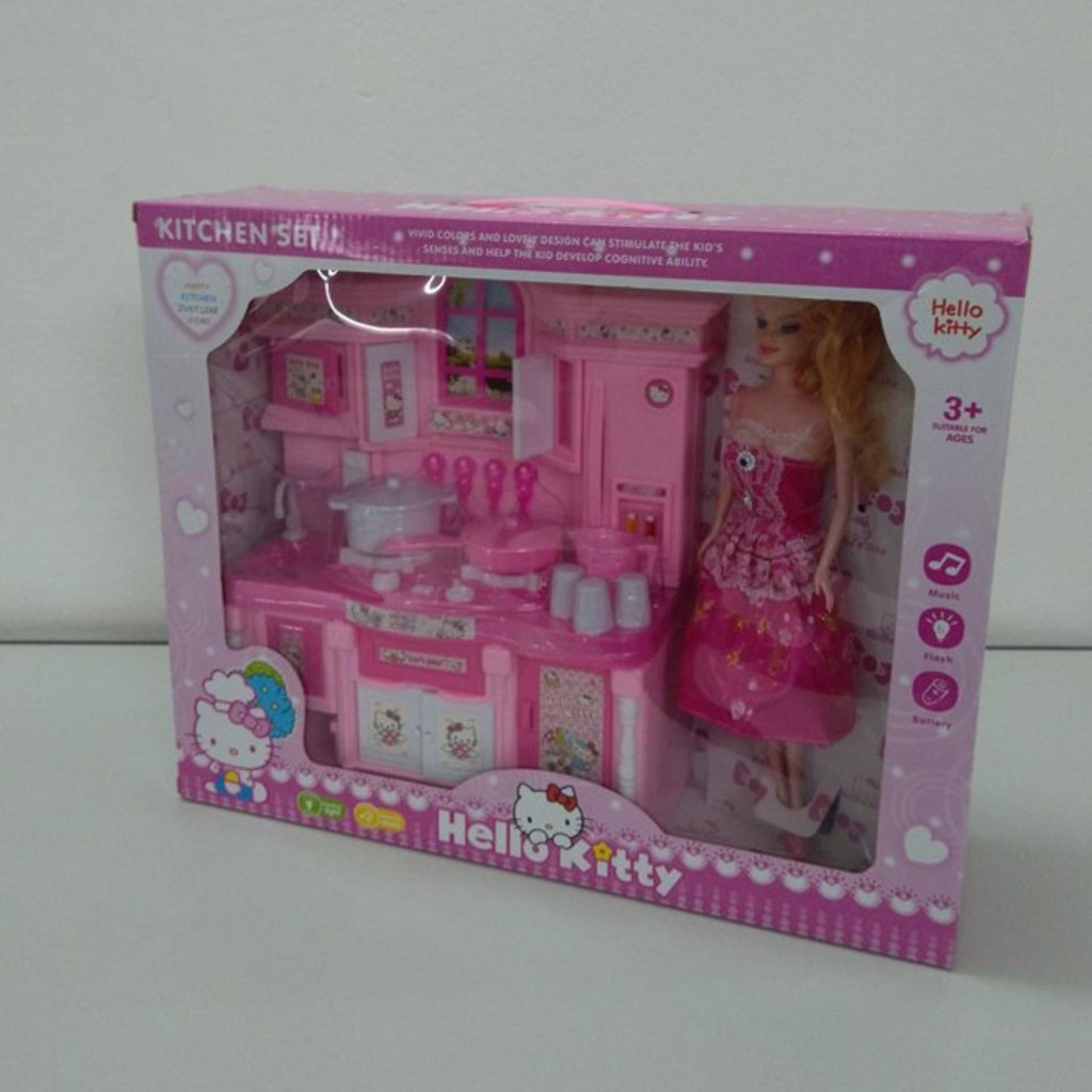 Bộ Đồ Chơi Nhà Bếp Hello Kitty Cùng Búp Bê Barbie (Có Đèn, Nhạc)