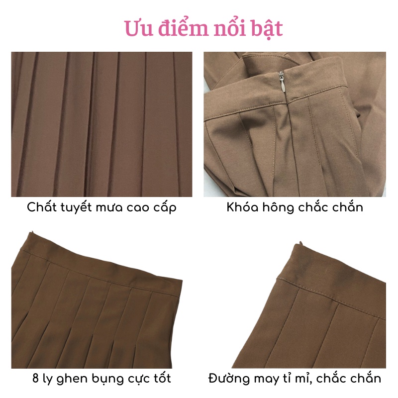 Chân váy xếp ly TENNIS dáng dài xòe Midi công sở qua gối có BIGSIZE màu nâu tây chất tuyết mưa CAO CẤP CV17