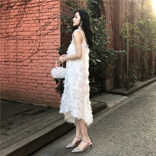 [ORDER] Đầm lông ngỗng hai dây vạt lệch - u.w