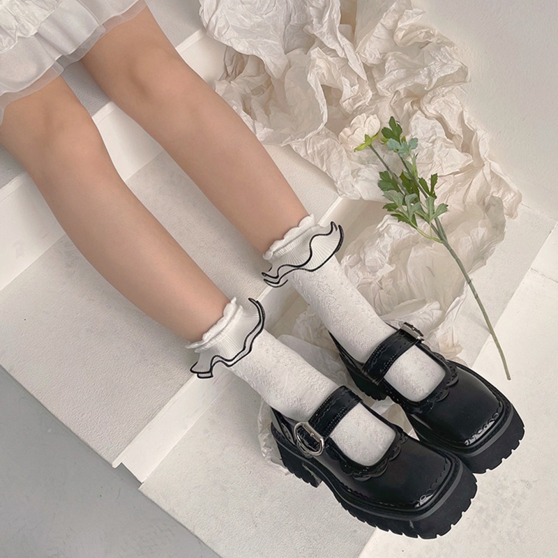 Xiangbao Vớ Ngắn Jacquard Hai Lớp Viền Bèo Hình Bướm Cho Nữ