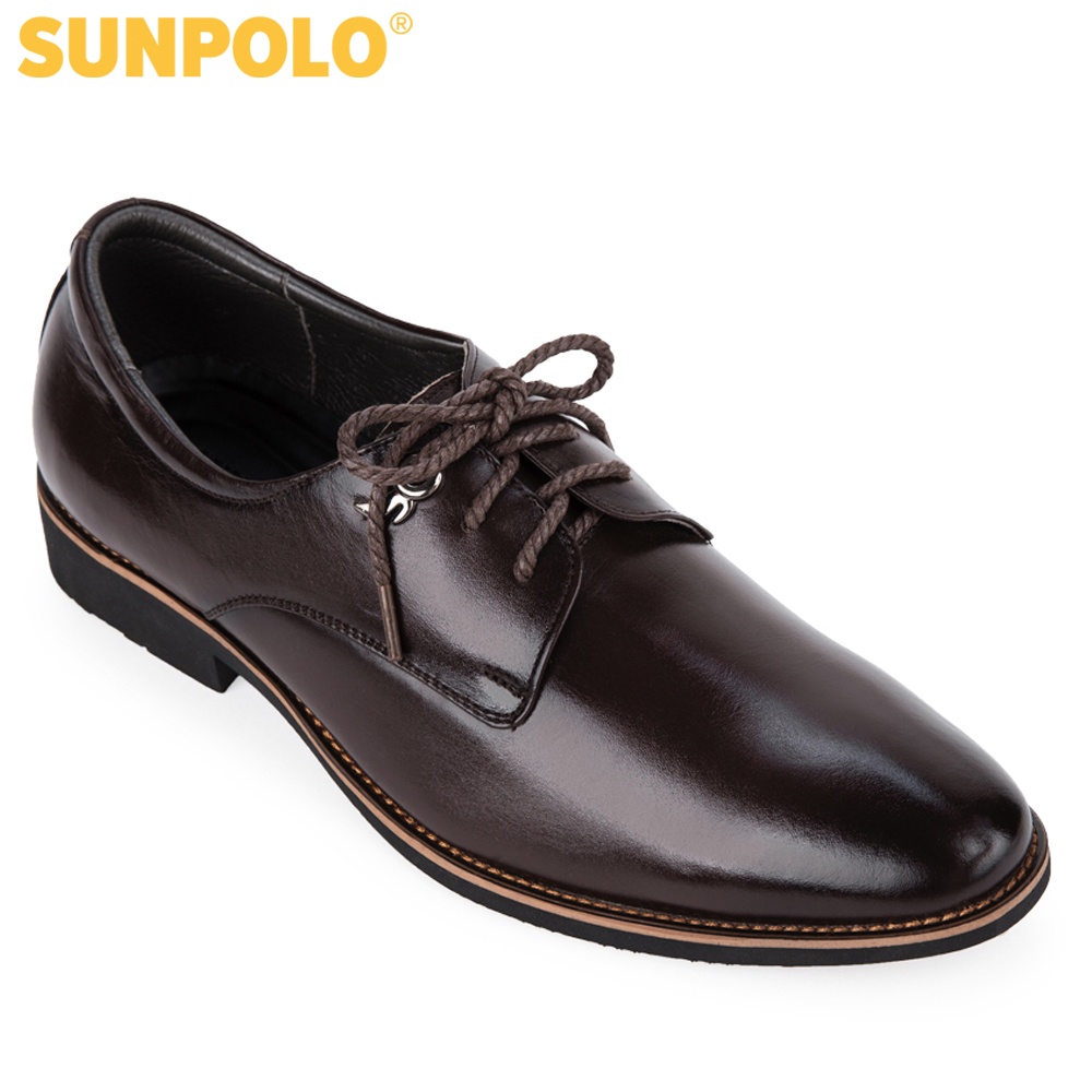 Giày tây nam Da bò cao cấp SUNPOLO giày đi làm văn phòng, công sở Màu Nâu - cột dây, đế cao 2.8cm - SPH286