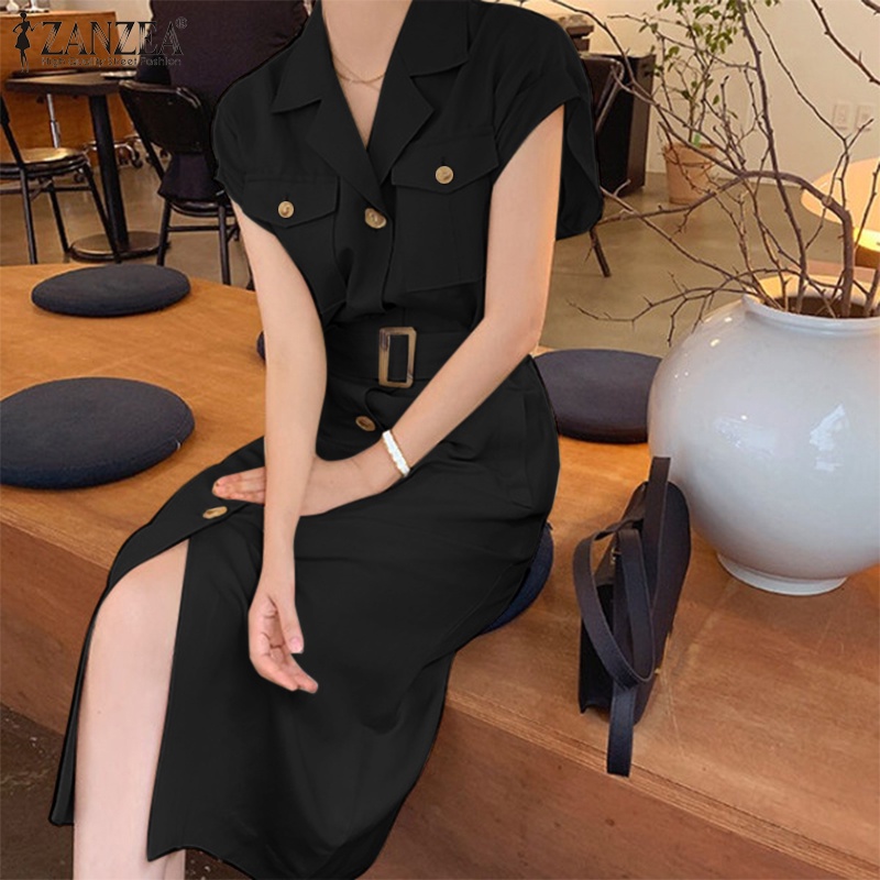 Đầm dài ZANZEA tay ngắn cổ bẻ có túi phối thắt lưng thời trang tùy chọn màu sắc dành cho nữ