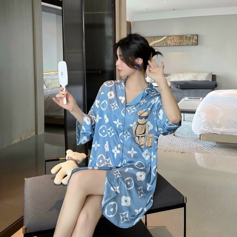 Váy ngủ sơ mi tay lỡ ro bốt đeo kính K007 lụa satin cao cấp quảng châu.