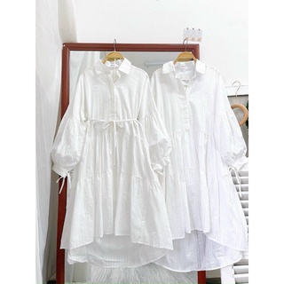 Đầm sơ mi trắng form babydoll tay phồng cột kow