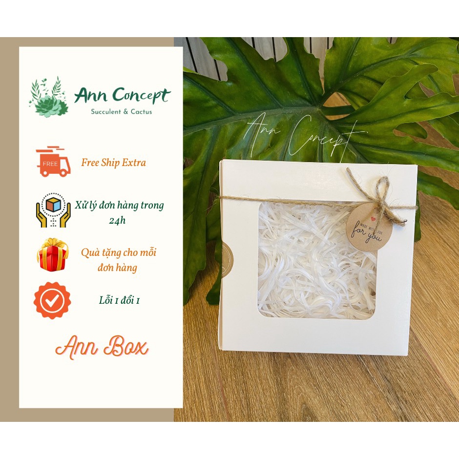 Hộp Quà Tặng Trắng Vuông Trang Trí Sẵn Giấy Rơm, Dây Thừng, Tag giấy_ Ann Concept