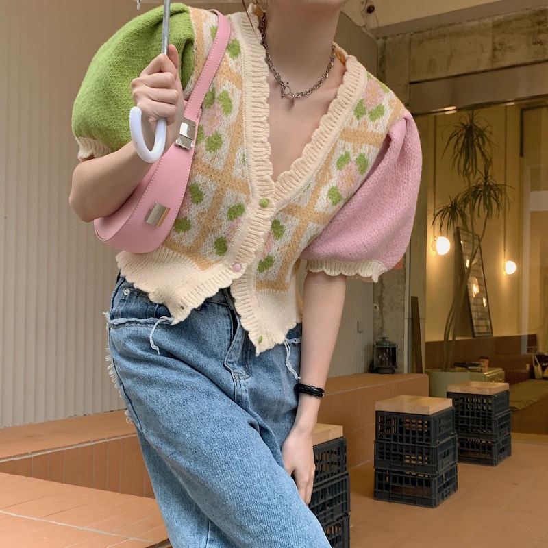 Áo Khoác Cardigan Dệt Kim Cổ Chữ v Màu Sắc Tương Phản Thời Trang Mùa Xuân 2022