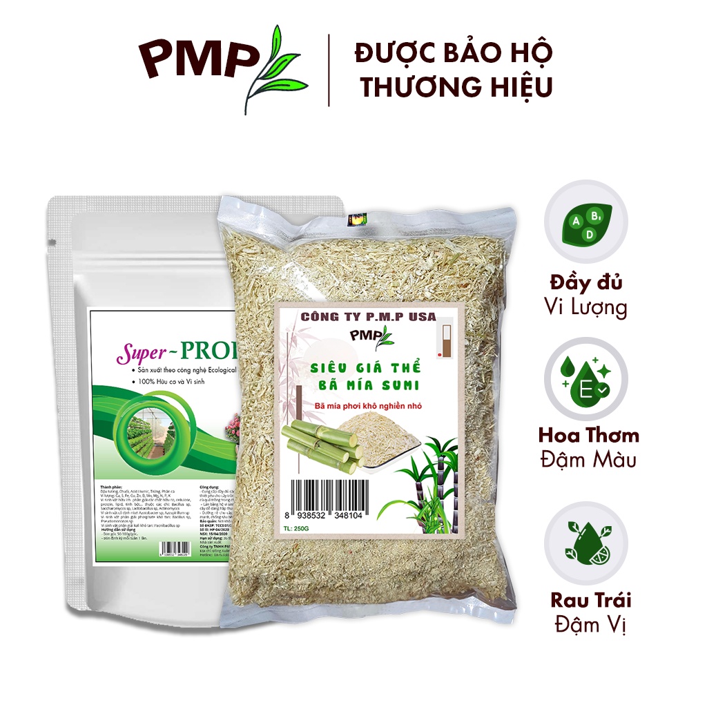 Combo Phân Hữu Cơ Super Probio Vi Sinh &amp; Giá Thể Bã Mía SUMI PMP Dùng Cho Hoa Hồng, Rau Sạch, Cây Cảnh