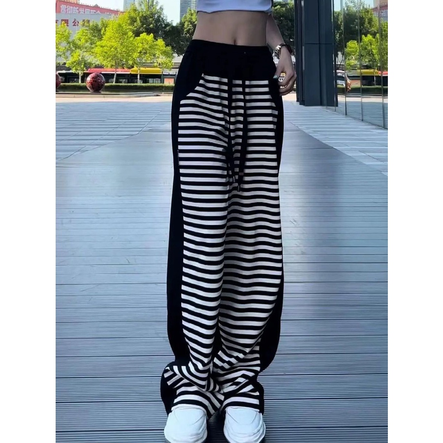Jiashucheng Quần Ống Rộng Lưng Cao Dáng Suông Cỡ Lớn Kẻ Sọc Màu Tương Phản Phong Cách Mới Cho Nữ