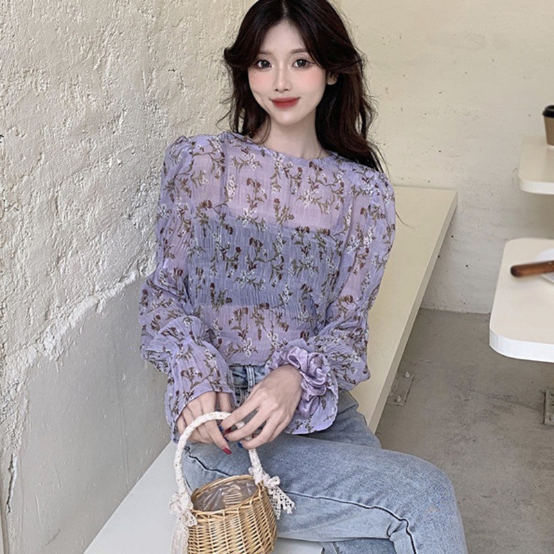 Áo Kiểu Tay Dài Cổ Tròn Chất Chiffon Hoạ Tiết Hoa Nữ Tính