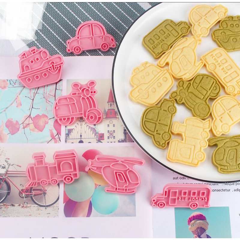 Bộ khuôn bánh quy, bánh qui, bánh cookies cookie PHƯƠNG TIỆN VẬN TẢI/ XE MÁY BAY TÀU THỦY Ô TÔ TÀU HỎA  bằng nhựa 6 mẫu