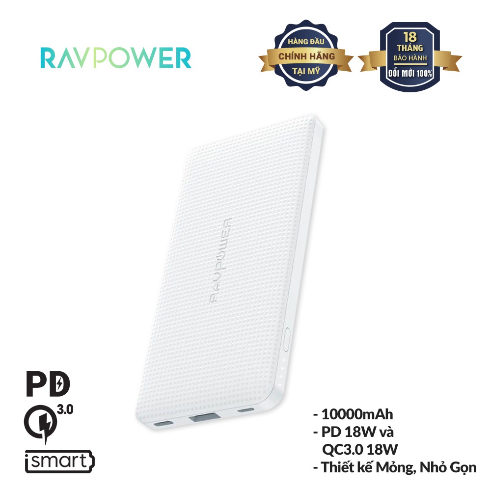 Pin Sạc Dự Phòng RAVPower 10000mAh Sạc Nhanh PD 18W Type-C, Qualcom QC 3.0 RP-PB094-G - Hàng Chính Hãng