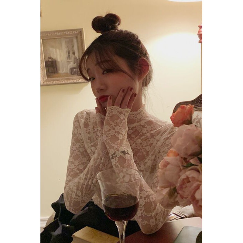 Áo sơ mi ren lưới họa tiết hoa vintage co giãn ôm body xuyên thấu gợi cảm mặc cùng áo len nỉ