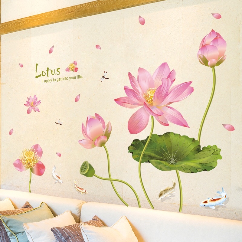 Decal dán tường sen hồng cánh to.