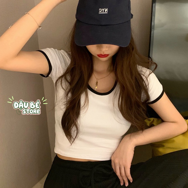 Áo Croptop Body Cộc Tay Cổ Tròn Ulzzang - Áo Thun Tay Ngắn Màu Trơn Viền Màu Co Giãn Thoáng Mát - Daube - A032