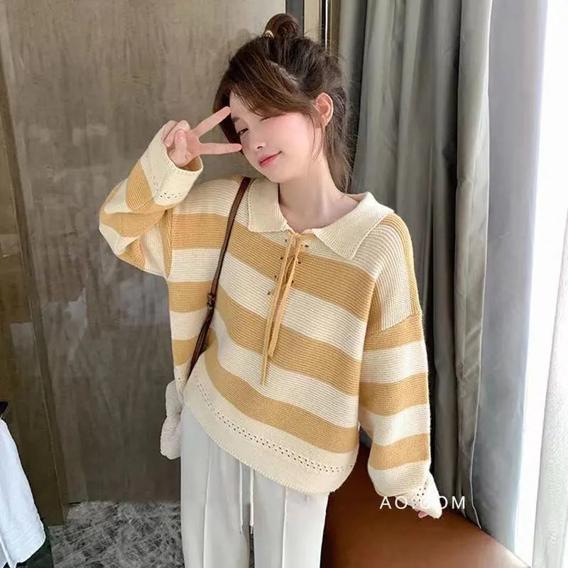 Áo Sweater Dệt Kim Dáng Rộng Họa Tiết Kẻ Sọc Thời Trang Thu Đông Mới Cho Nữ