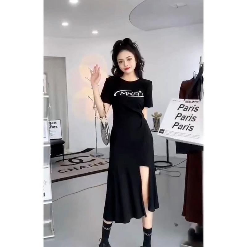 Đầm Dài Qua Gối Thiết Kế Xẻ Tà Chiết Eo Thời Trang Mùa Hè 2022 Phong Cách Pháp Mới