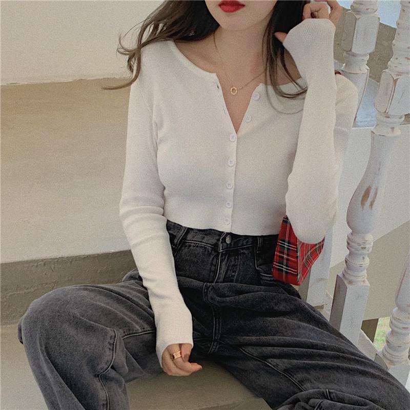 Áo croptop nữ thun len tăm dài tay form rộng cổ V bigsize ulzzang LOKISO CT07