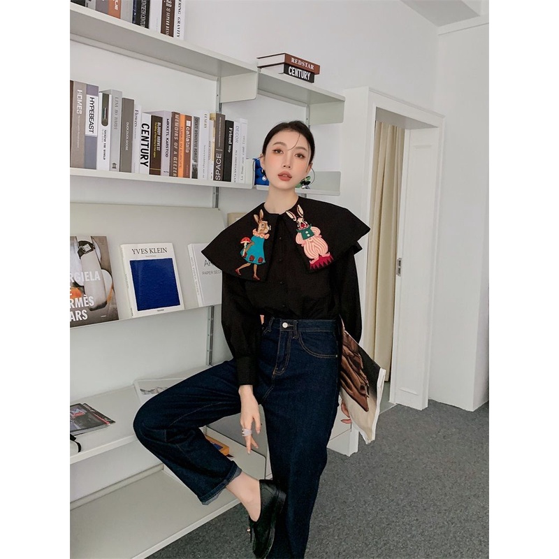 Áo sơ mi đen tay dài phối bèo in hình thỏ dễ thương phong cách retro Hàn Quốc