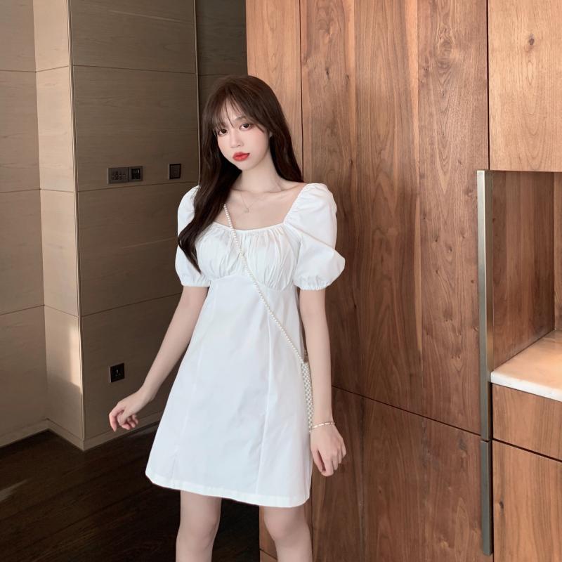 [MURIOKI] Đầm Dáng Chữ A Tay Phồng Cổ Vuông Màu Trắng / Tím Phong Cách Pháp Tinh Tế Thời Trang Cho Nữ