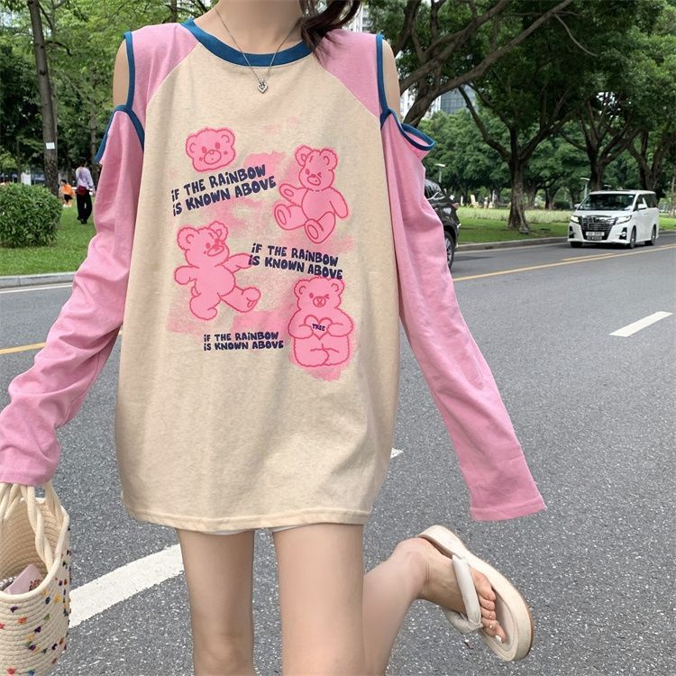 Áo Thun Tay Dài Dáng Rộng Hở Vai In Hình Gấu Phong Cách Hàn Quốc Cho Nữ