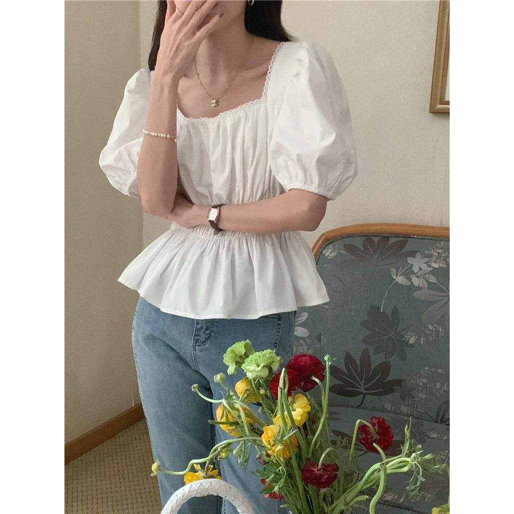 Áo Kiểu Tay Ngắn Cổ Vuông Phối Ren Ôm Eo 51580