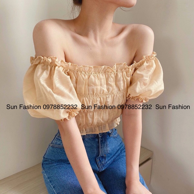 Áo trễ vai, croptop bẹt vai nhún thun có ánh nhủ siêu đẹp Sun Fashion