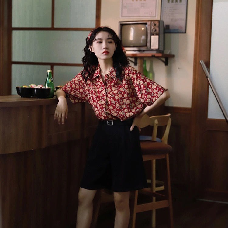 Áo Sơ Mi Tay Ngắn Dáng Rộng In Hoa Kiểu Vintage Hàn Quốc Dễ Thương Cho Nữ