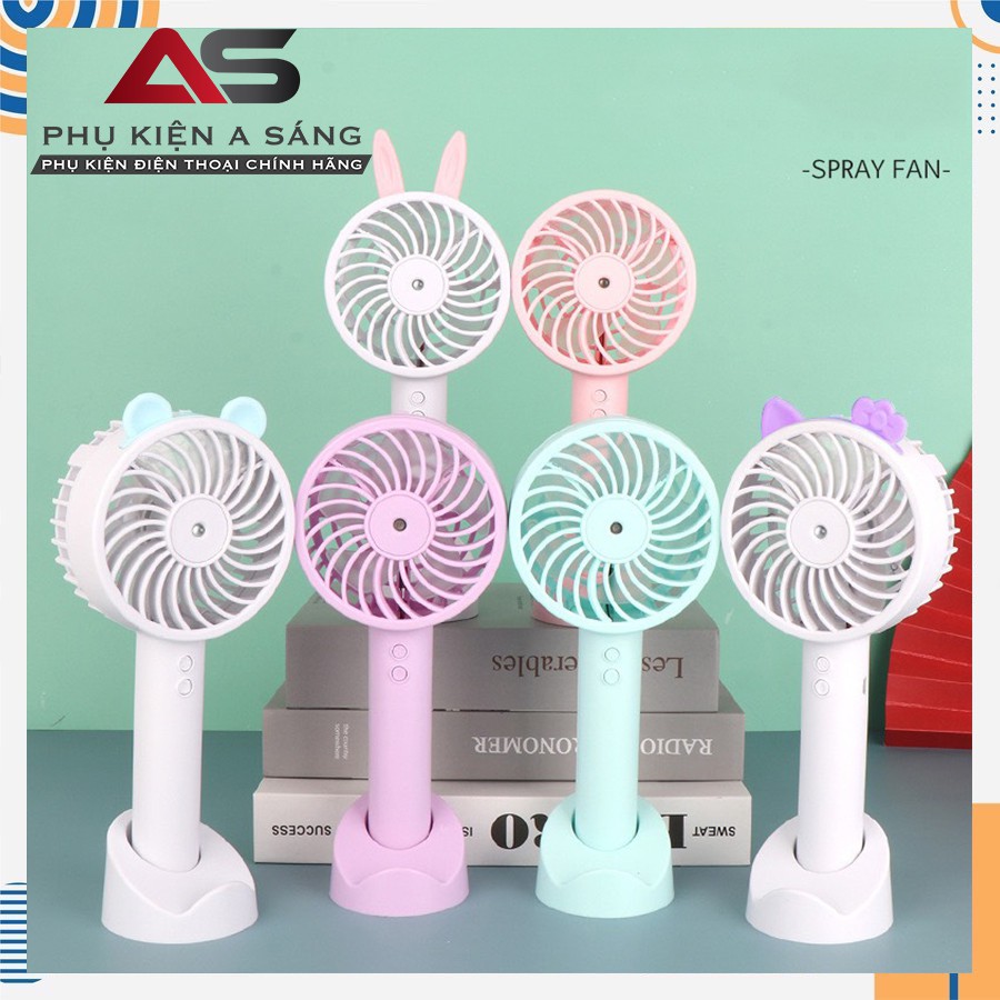 [ Có Video] Quạt Phun Sương Tự Động Cầm Tay Mini Có Đế Điện Thoại Portable USB Fan [ Cáp sạc + pin + ống lấy nước]