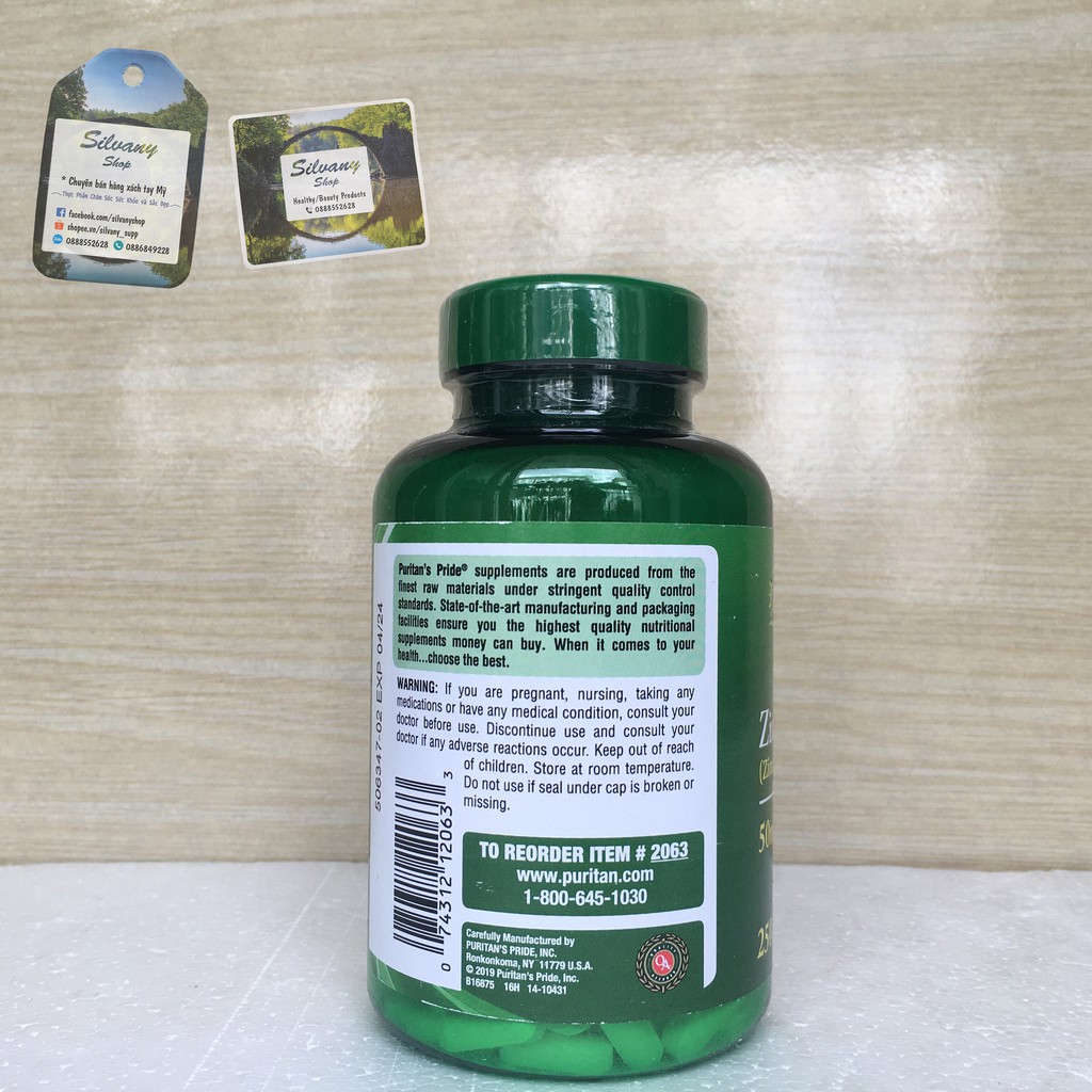 Zinc 50mg Puritan's Pride  - 8mg Kẽm Nguyên Tố Mỗi Ngày