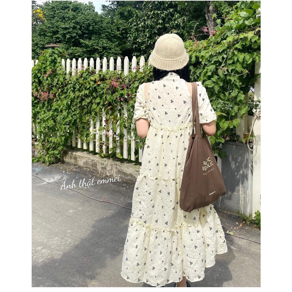 Đầm babydoll khoét vai dáng dài hoa đen nhỏ dễ thương Emmei - v165