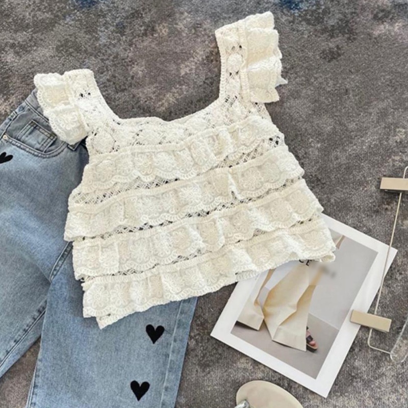 Áo Croptop Không Tay Viền Ren Nhiều Lớp Cổ Vuông Thời Trang Cho Nữ