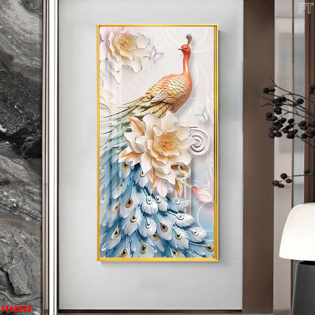 Tranh Chim Công, biểu trưng cho vẻ đẹp quý phái, tranh tráng gương 5D, trang trí phòng khách, phòng ngủ, cầu thang.